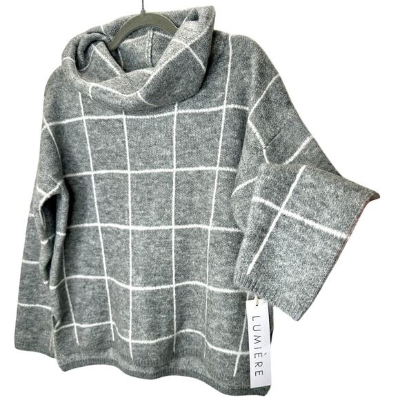 NWT Lumiere Gray & White Windowpane Cowl Neck Sweater S - Picture 6 of 14